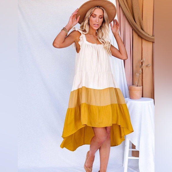 moodie Dresses & Skirts - Moodie Yellow High Low Tiered Colorblock Square Collar Midi Dress | Medium